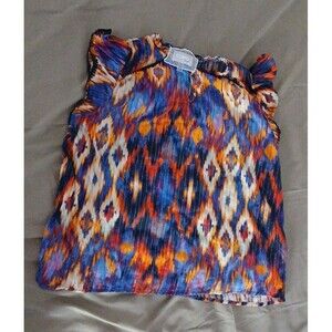 Cupio Blush Women Top 1X Blue Geometric Sleeveless Blouse Orange Shirt Sheer